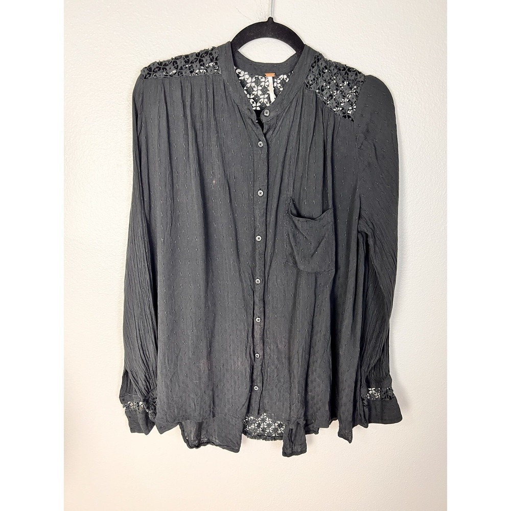 Free People The Best‎ Blouse Lace Crochet Hi Lo Hem Long Sleeve OB495809 Size M